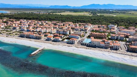 Amazing aerial view of Marina di Pisa coastline, Tuscany. Italian coast from the droneの写真素材