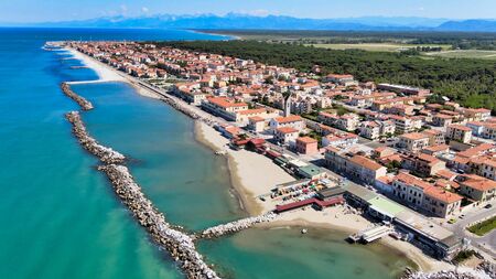Amazing aerial view of Marina di Pisa coastline, Tuscany. Italian coast from the droneの写真素材