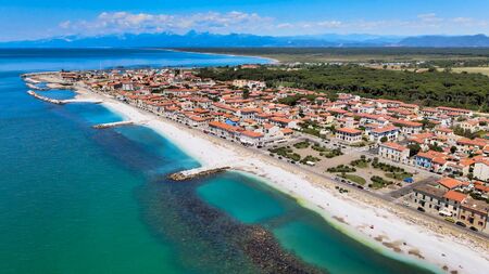 Amazing aerial view of Marina di Pisa coastline, Tuscany. Italian coast from the droneの写真素材