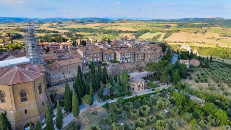 Pienza, Tuscany. Aerial view at sunset of famous medieval town.の写真素材