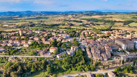 Pienza, Tuscany. Aerial view at sunset of famous medieval town.の写真素材