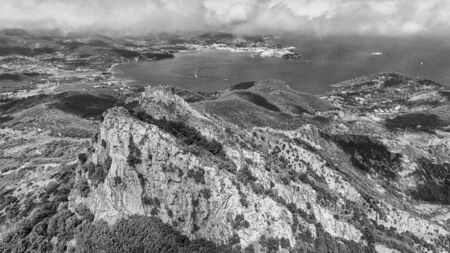 Elba Island, Italy. Amazing aerial view from drone of mountains and landscape.の写真素材
