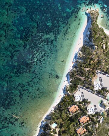 Elba Island, Italy. Amazing downward aerial view from drone of Capo Bianco and Padulella Beach near Portoferraio.の写真素材