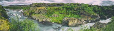 Hraunfossar Waterfalls and River in the Western Part of Iceland, Europe in summer season.の写真素材