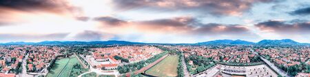Amazing aerial view of Lucca, famous town of Tuscany, Italy