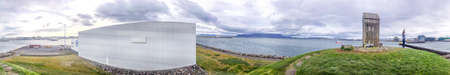 REYKJAVIK, ICELAND - AUGUST 11, 2019: Beautiful coastline of Reykjavik in summer from Thufa Hill, Iceland. Panoramic view.のeditorial素材