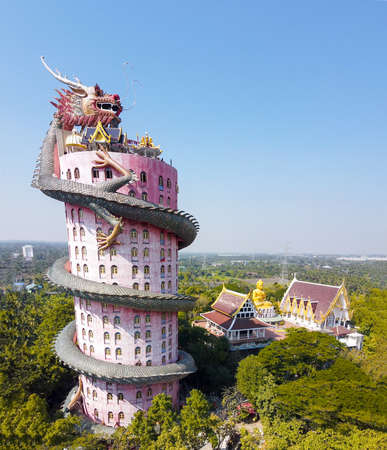 BANGKOK, THAILAND - DECEMBER 15, 2019: Vertical panoramic aerail view of amazing Wat Samphran, the dragon temple.のeditorial素材