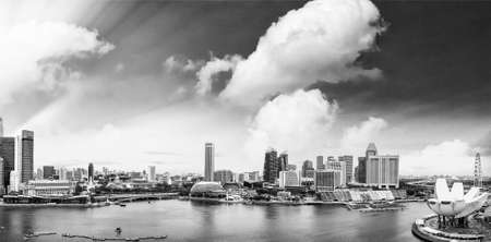 Singapore skyline. Amazing aerial panoramic view of Marina Bay area at sunset in black and white, Asiaのeditorial素材