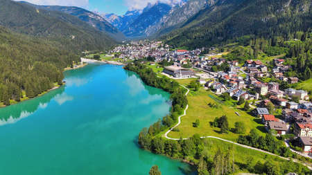 Alpin landscape with beautiful mountains in summertime, view from drone.の写真素材