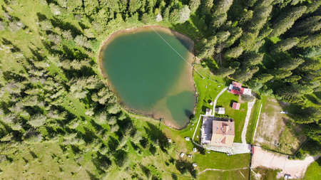 Alpin lake in summer time surrounded by beautiful forest, overhead downward aerial view.の写真素材