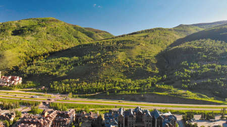 Vail, Colorado. Amazing aerial view of cityscape at summer sunset, USAの写真素材