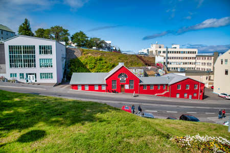 Akureyri colorful homes in Iceland. View on a sunny summer afternoon.の写真素材
