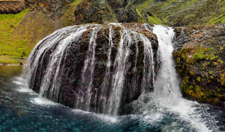 Stjornarfoss Waterfalls in summer season, amazing aerial view. Iceland natural landscape.の写真素材