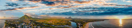 Amazing panoramic aerial view of Mauritius at sunset.の写真素材