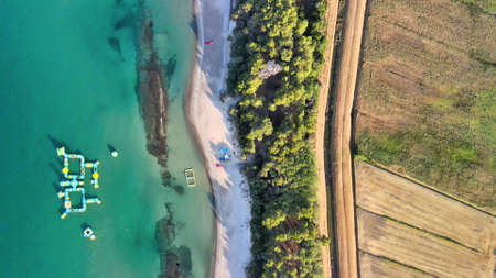 Overhead aerial view of coastline, ocean and beach, panoramic viewの写真素材