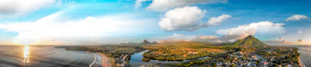 Amazing panoramic aerial view of Mauritius at sunset.の写真素材