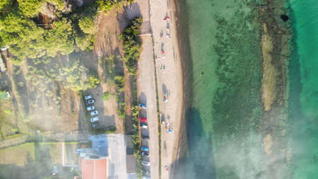Overhead aerial view of coastline, ocean and beach, panoramic viewの写真素材