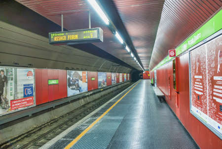 MILAN, ITALY - SEPTEMBER 2015: Interior of city subway with advertisings.のeditorial素材