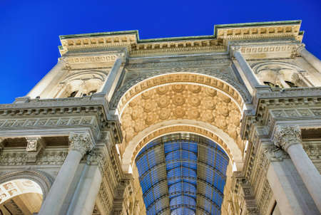 Exterior view of Gallery Vittorio Emanuele II at night, Milan, Italy.のeditorial素材
