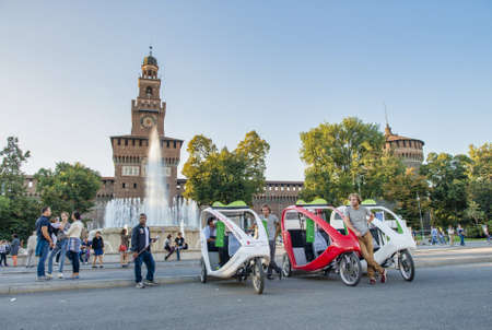 MILAN, ITALY - SEPTEMBER 2015: Tourists visit Sforza Castle and Park in summer season.のeditorial素材