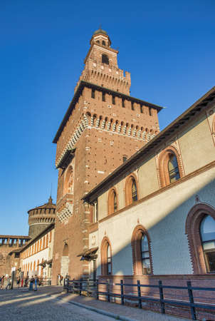 MILAN, ITALY - SEPTEMBER 2015: Tourists visit Sforza Castle and Park in summer season.のeditorial素材