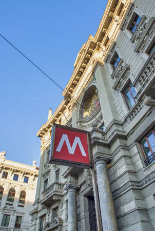 Metro subway transportation symbol in Milan, Italy.のeditorial素材