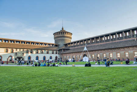 MILAN, ITALY - SEPTEMBER 2015: Tourists visit Sforza Castle and Park in summer season.のeditorial素材