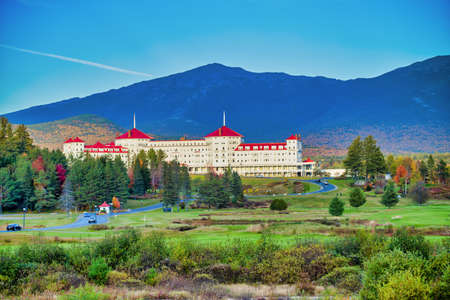BRETTON WOODS, NH - OCTOBER 2015: Omni Mount Washington Resort features a restaurant, bar, garden and is a famous tourist attraction.のeditorial素材