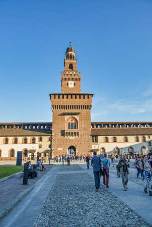 MILAN, ITALY - SEPTEMBER 2015: Tourists visit Sforza Castle and Park in summer season.のeditorial素材