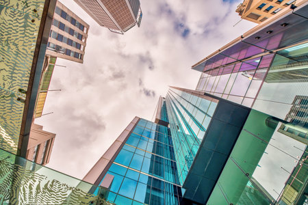 Modern skyscrapers of Auckland, New Zealand. Skyward view.