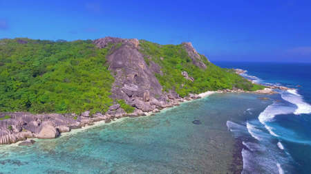 Amazing La Digue Beach on a beautiful day, Seychelles aerial view from drone.の写真素材
