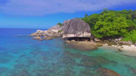 Amazing La Digue Beach on a beautiful day, Seychelles aerial view from drone.の写真素材