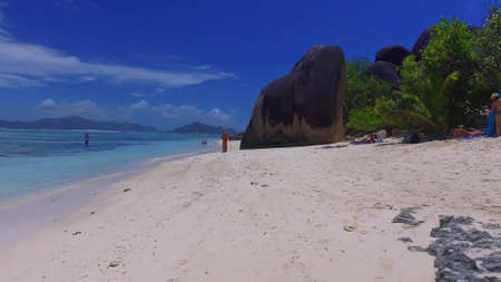 La Digue, Seychelles. Aerial view of coastline from drone perspective.の写真素材