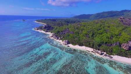 La Digue, Seychelles. Aerial view of coastline from drone perspective.の写真素材
