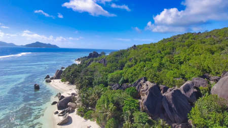 La Digue, Seychelles. Aerial view of amazing tropical beach on a sunny day.の写真素材