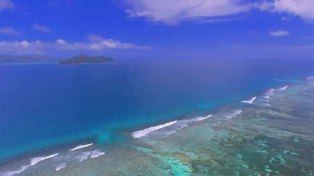 La Digue, Seychelles. Aerial view of amazing tropical beach on a sunny day.の写真素材