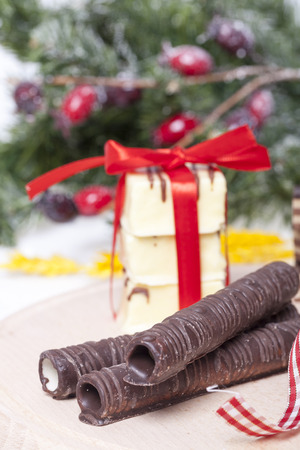 chocolate and a cookie as a delicacy and decorations, Selective focus and small depth of fieldの写真素材