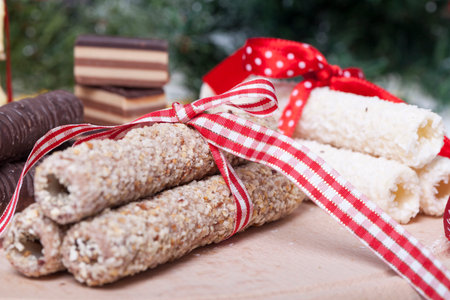 chocolate and a cookie as a delicacy and decorations, Selective focus and small depth of fieldの写真素材
