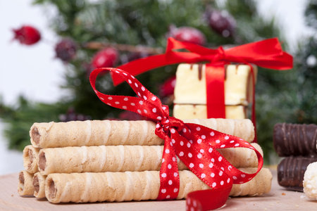 chocolate and a cookie as a delicacy and decorations, Selective focus and small depth of fieldの写真素材