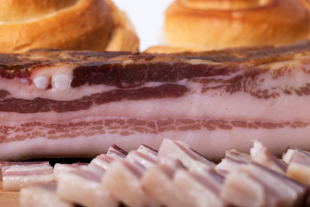 Smoked pork bacon to eat on the tableの写真素材