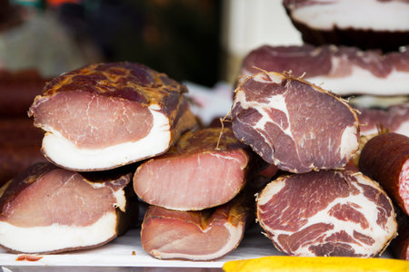 Very tasty home made smoked dried meat, selective focus and small depth of field