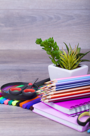 School Supplies on a dark background and place for text, selective focus and small depth of fieldの写真素材