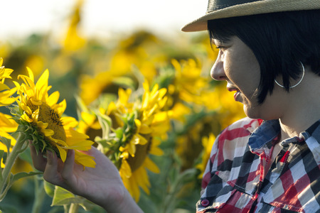 Close op female farmer, an agronomist by profession, is in the field with sunflowers. Examines the quality of sunflowerの写真素材