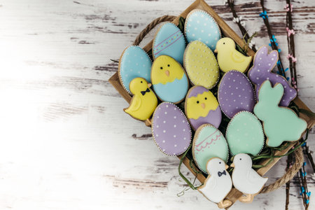 Easter gingerbread cookies on wooden table. Beautiful glazed rabbits, chickens and eggs. Greeting...