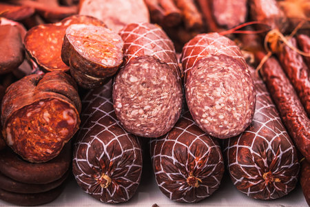 Delicious pieces of smoked sausage exposed for sale in the market. Selective focus and small depth...
