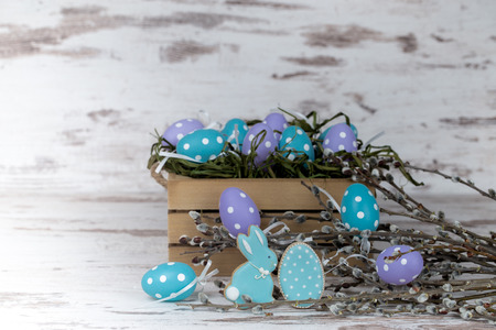 Easter gingerbread cookies on wooden table. Rabbit and egg. Greeting card. View from above.Copy space.の写真素材