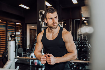 Healthy young man resting in healthy club Gym after exercising - Image