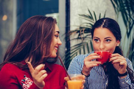 Image of a two happy girls friends sitting in cafe talking with each other drinking coffee, pointing fingers to someone.の写真素材