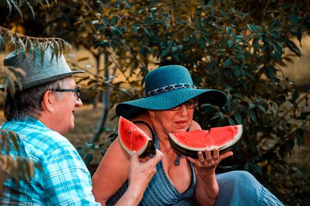 Happy senior loving couple eating watermelon and having a great time together on a picnic in the park.の写真素材