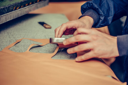 Close up of a shoemaker cutting leather in the handmade footwear industry. Selective focus and small...